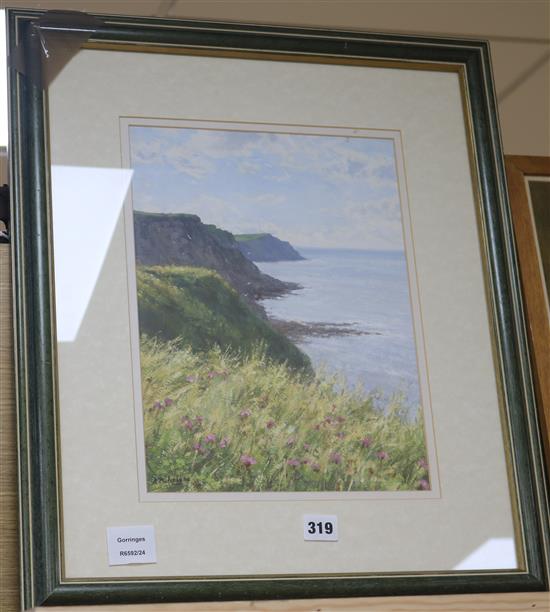 Bruce Mulcahy, gouache, Cliffs near Robin Hoods Bay, signed, 34 x 26cm